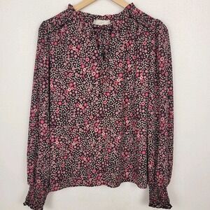 LOFT Floral Tie Neck Blouse Women's M Pink Black Long Sleeve Boho